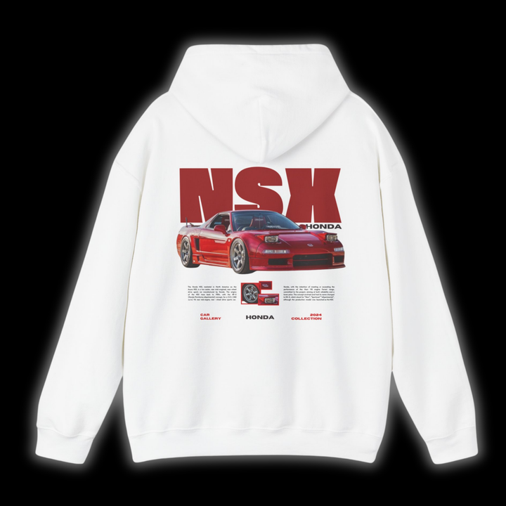White hoodie with Honda / Acura NSX graphic on the back, picture of the rear, black background 
