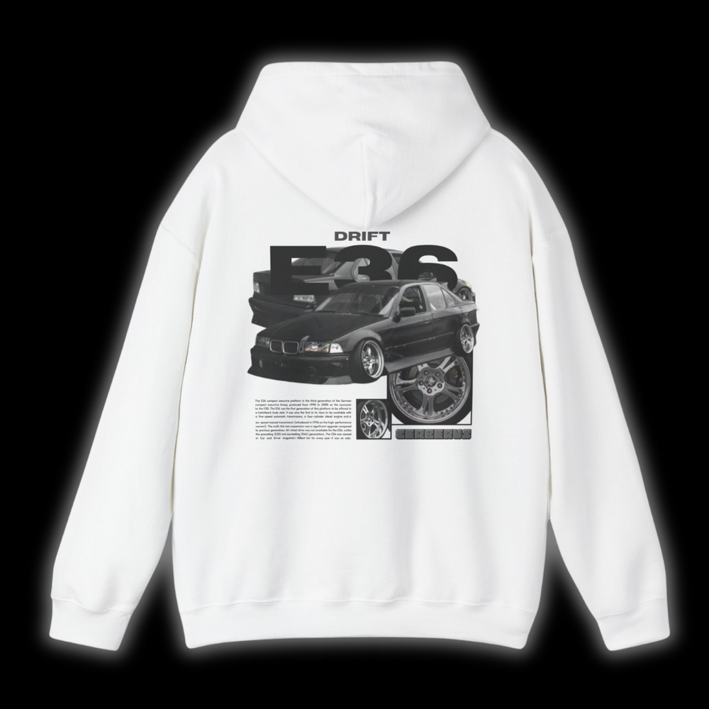 White Hoodie with Bmw E36 graphic on the back, picture of the rear, black background