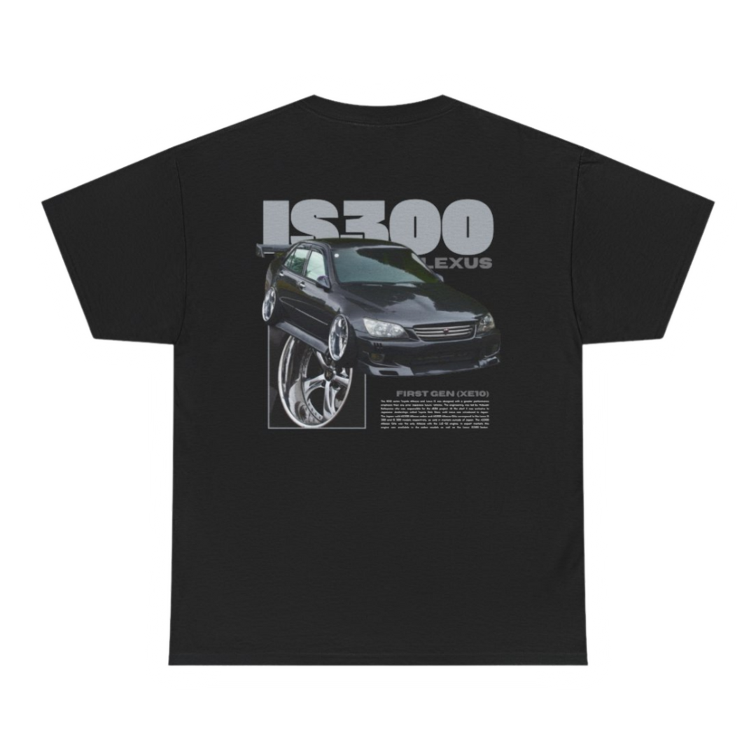 Black T-shirt with Lexus Is300 / Is200 graphic on the back, picture of the rear, black background