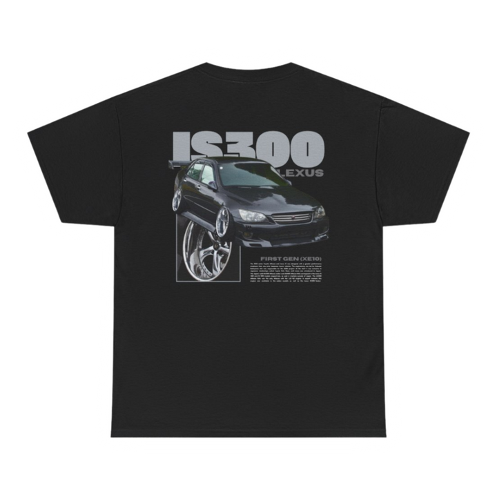 Black T-shirt with Lexus Is300 / Is200 graphic on the back, picture of the rear, black background