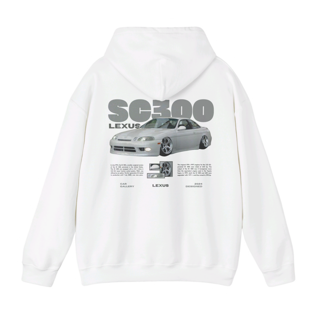 White hoodie with Lexus Sc300 / Soarer JZZ30 graphic on the back, picture of the rear, black background 
