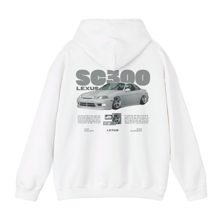 White hoodie with Lexus Sc300 / Soarer JZZ30 graphic on the back, picture of the rear, black background 
