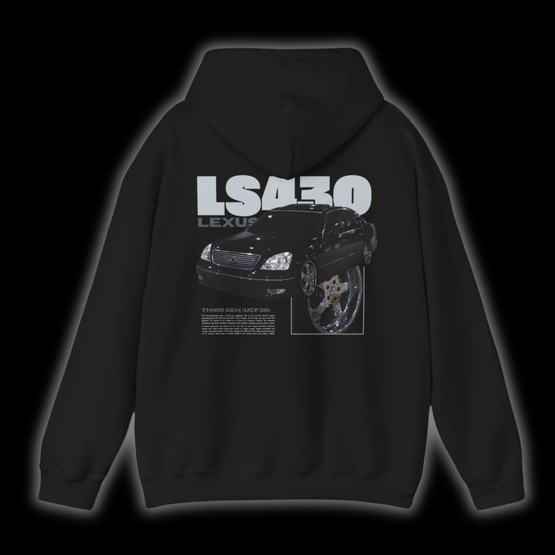 Black hoodie with Lexus Ls430 graphic on the back, picture of the rear, black background