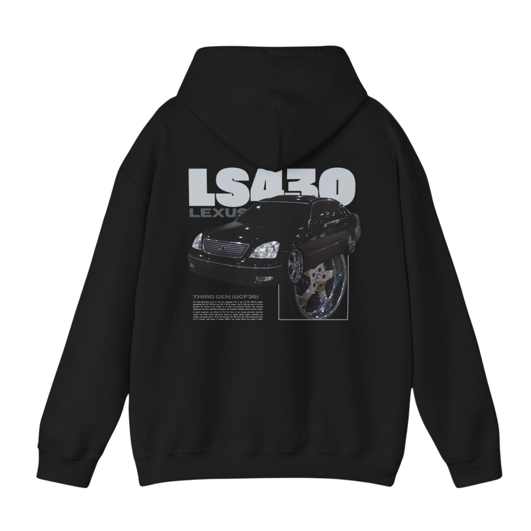 Black hoodie with Lexus Ls430 graphic on the back, picture of the rear, black background