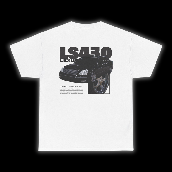 White T-shirt with Lexus LS430 / Toyota Celsior UCF30 graphic on the back, picture of the rear, black background