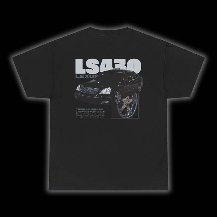 Black T-shirt with Lexus LS430 / Toyota Celsior UCF30 graphic on the back, picture of the rear, black background