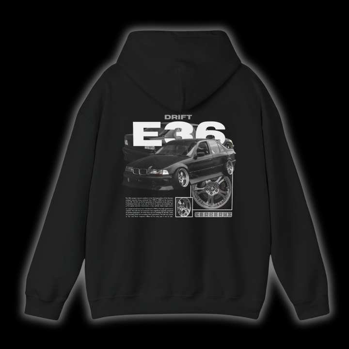 Black Hoodie with Bmw E36 graphic on the back, picture of the rear, black background