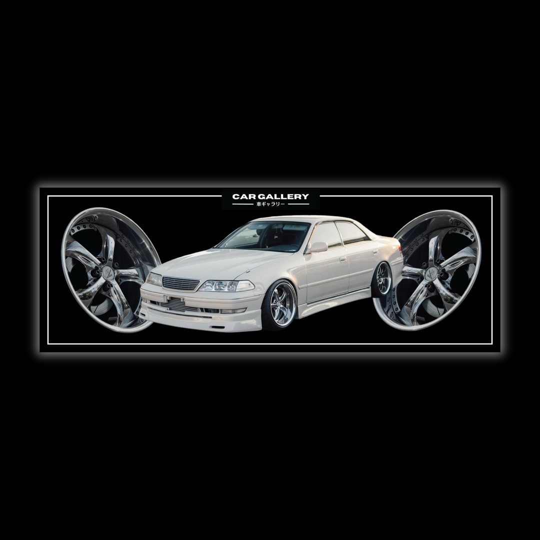 Car slap sticker featuring Toyota Mark II JZX100. Custom slap sticker on a black background