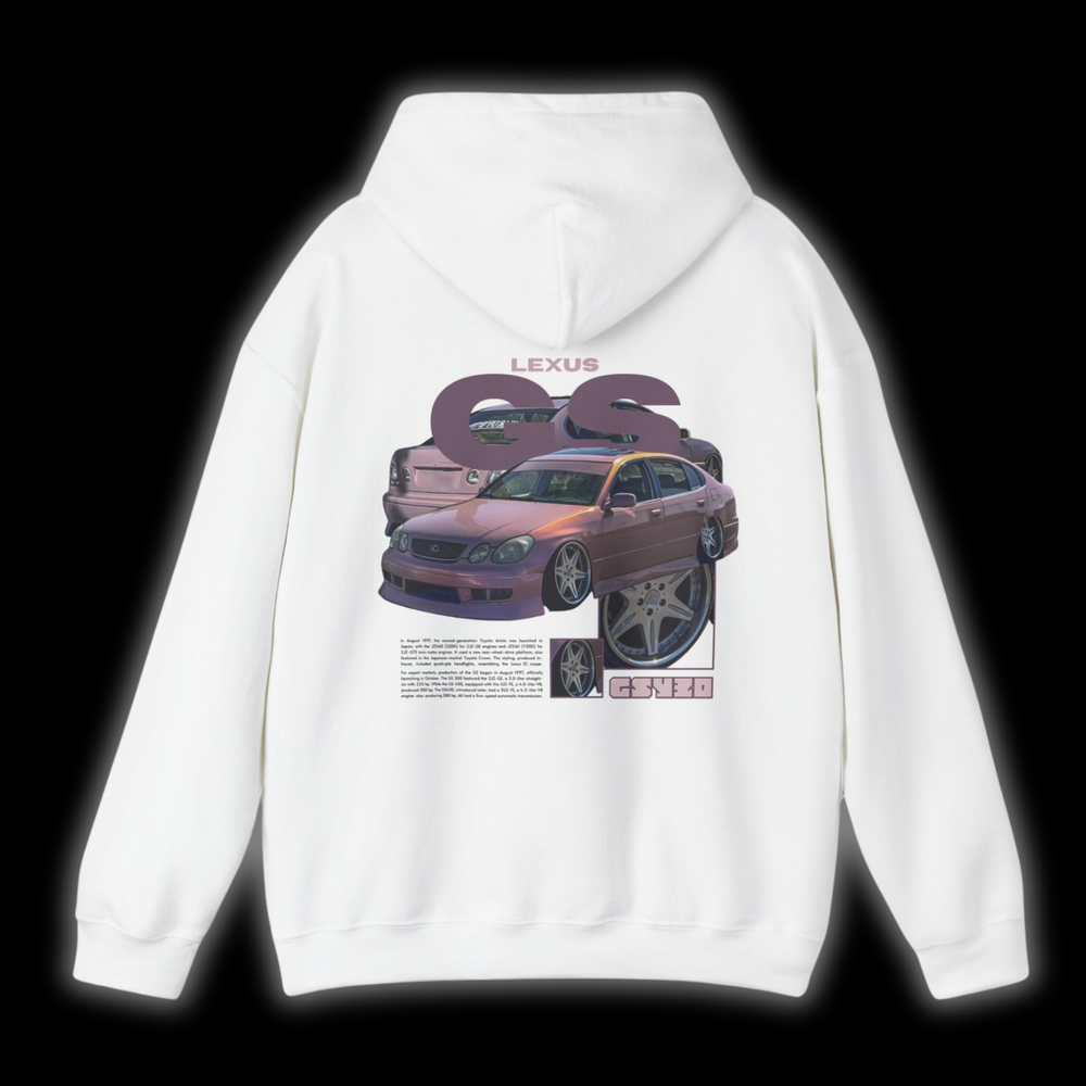 White hoodie with Lexus Gs300 / Aristo JZS160 graphic on the back, picture of the rear, black background 
