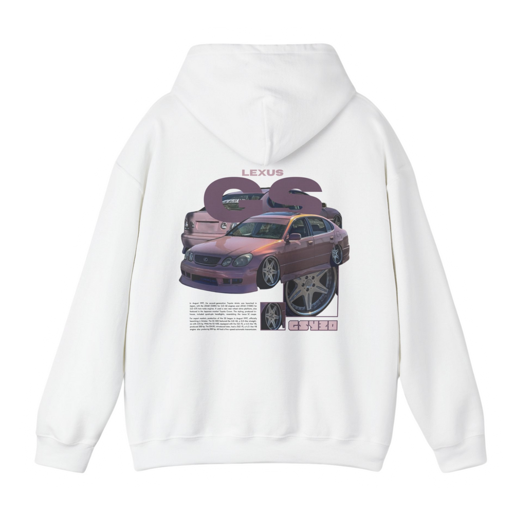 White hoodie with Lexus Gs300 / Aristo JZS160 graphic on the back, picture of the rear, black background 
