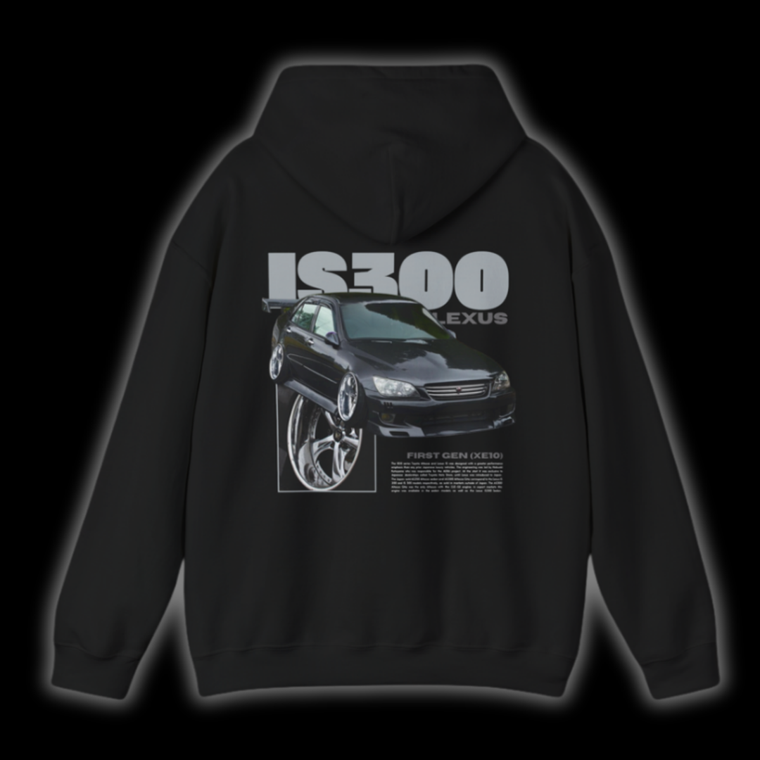 Black hoodie with Lexus IS300 / IS200 graphic on the back, picture of the rear, black background