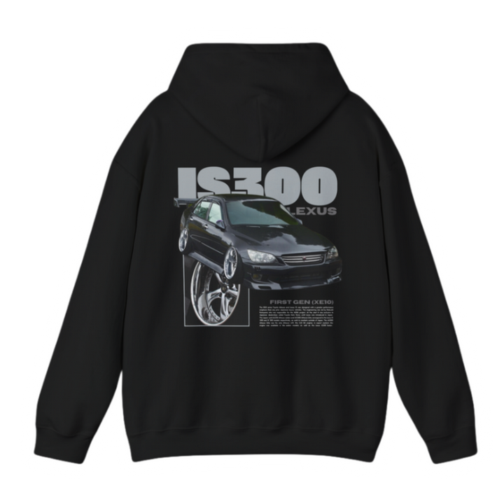 Black hoodie with Lexus IS300 / IS200 graphic on the back, picture of the rear, black background