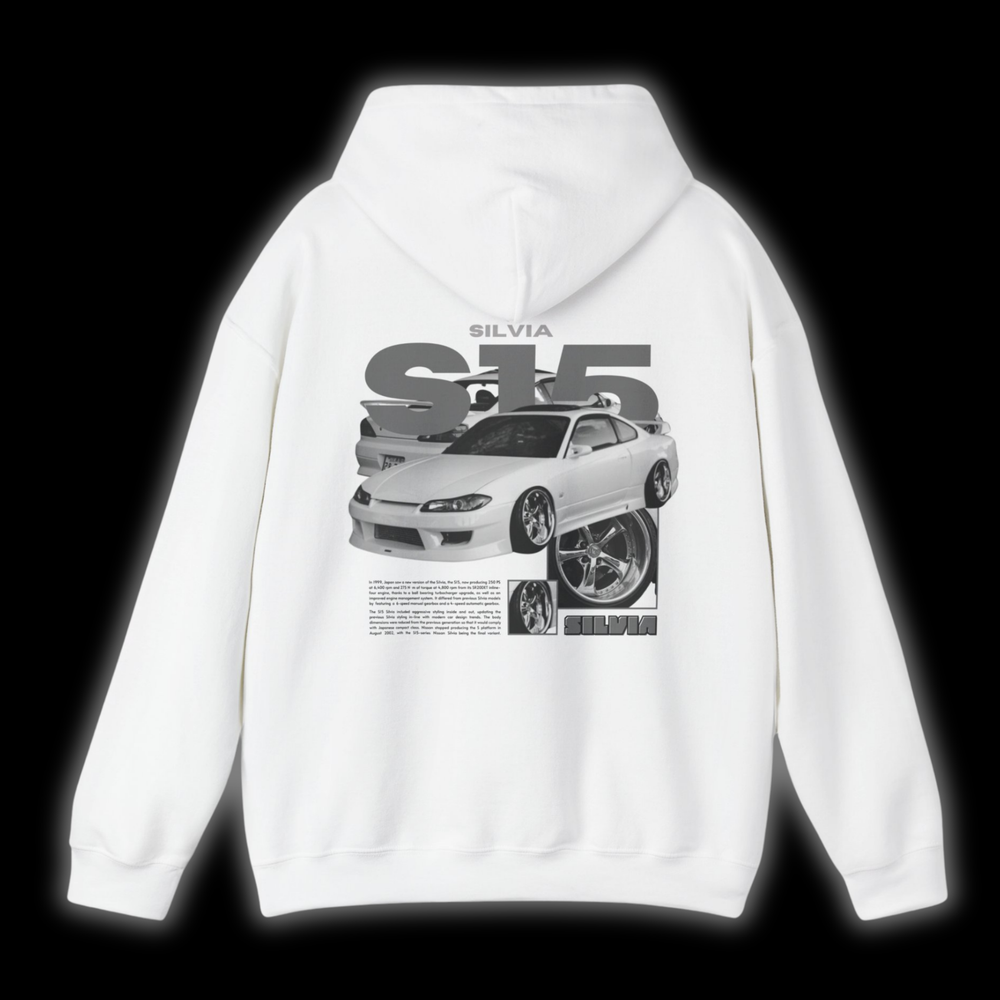 White hoodie with Nissan Silvia S15 graphic on the back, picture of the rear, black background