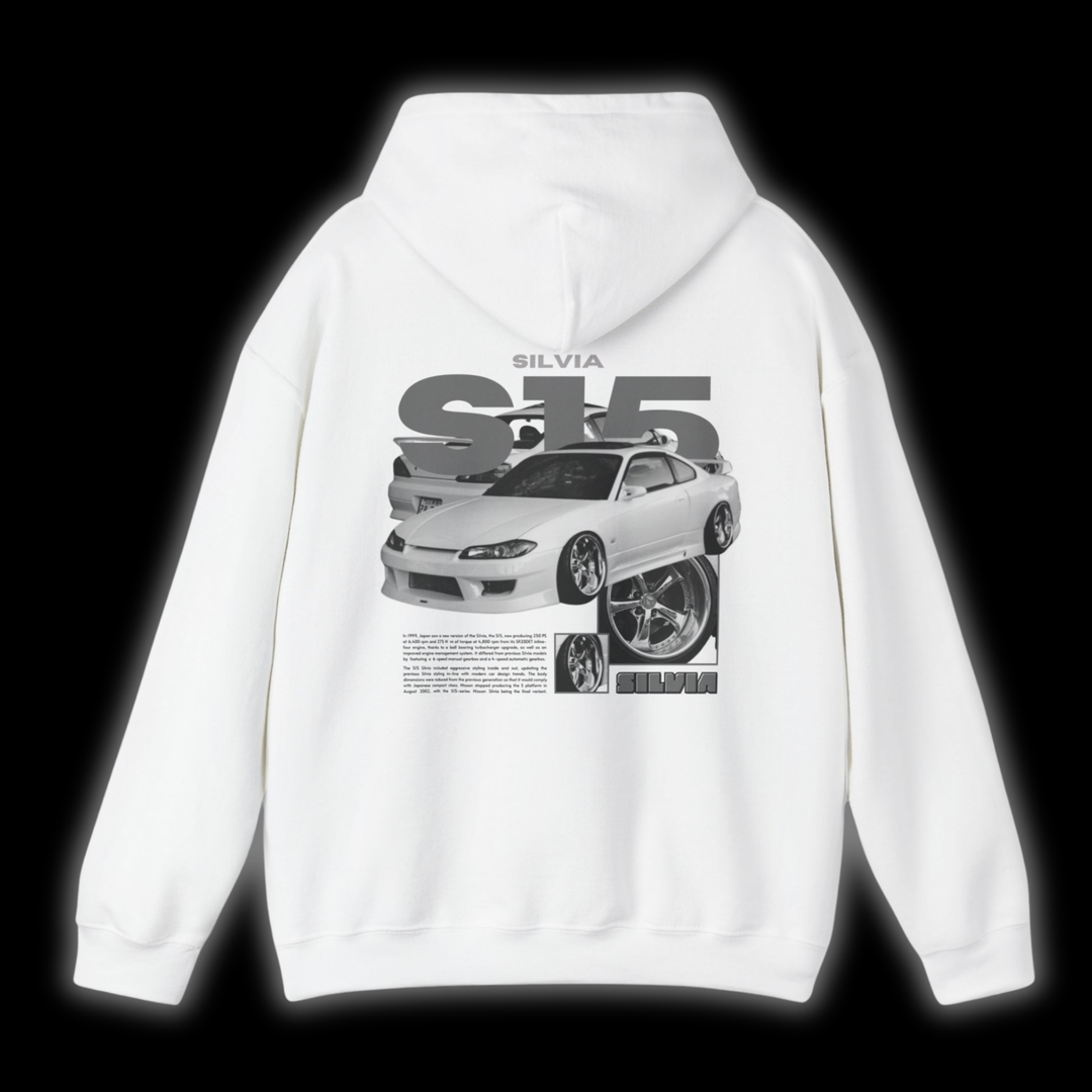 White hoodie with Nissan Silvia S15 graphic on the back, picture of the rear, black background