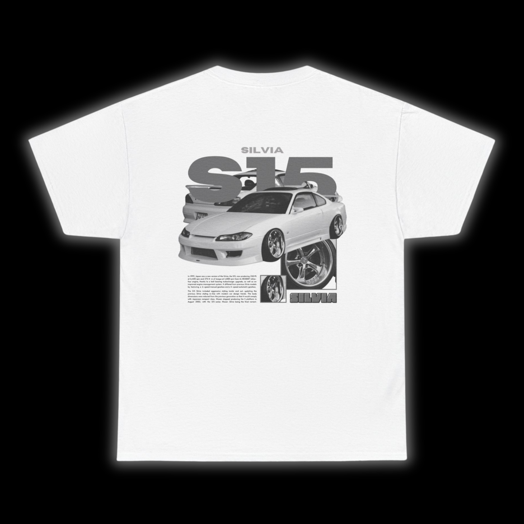White T-shirt with Nissan Silvia S15 graphic on the back, picture of the rear, black background