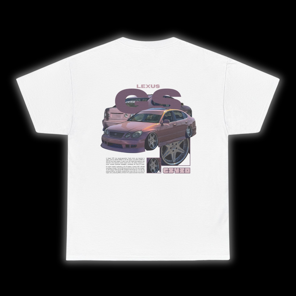 White T-shirt with Lexus Gs300 / Aristo JZS160 graphic on the back, picture of the rear, black background