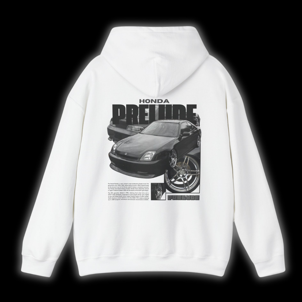 White hoodie with Honda Prelude BB9 graphic on the back, picture of the rear, black background