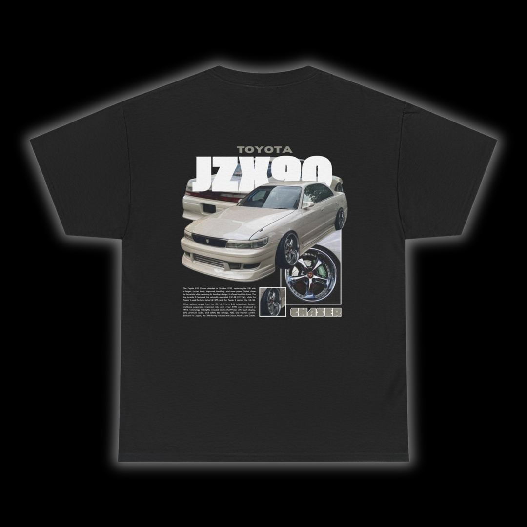 Black T-shirt with Toyota Chaser Jzx90 graphic on the back, picture of the rear, black background