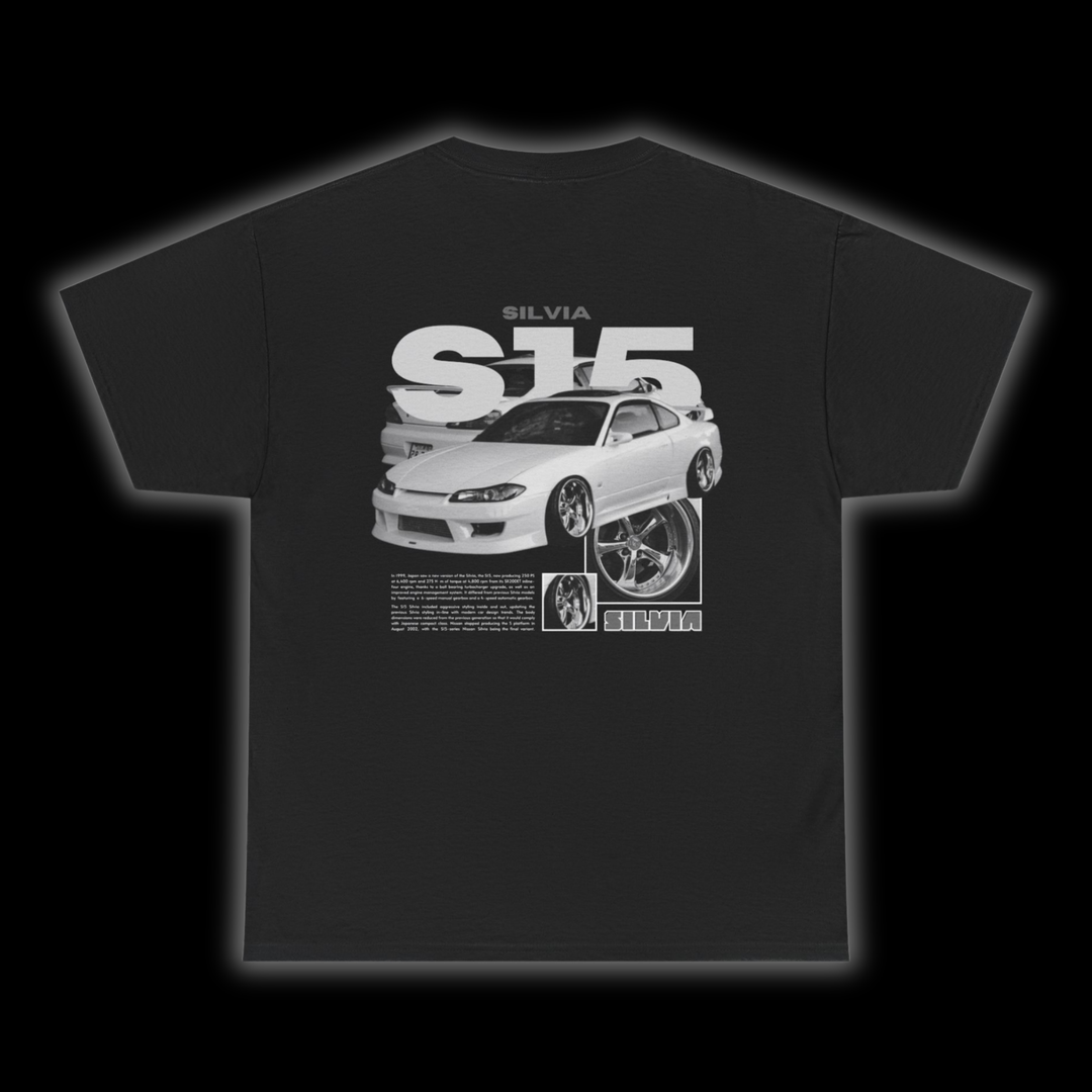 Black T-shirt with Nissan Silvia S15 graphic on the back, picture of the rear, black background