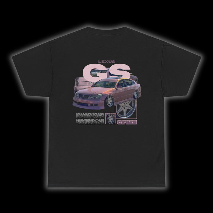 Black T-shirt with Lexus Gs300 / Aristo JZS160 graphic on the back, picture of the rear, black background