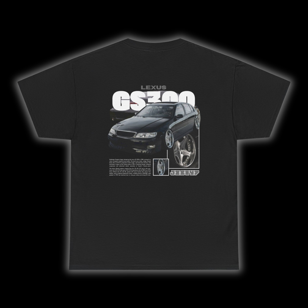 Black T-shirt with Lexus GS300 / Toyota Aristo JZS147 graphic on the back, picture of the rear, black background