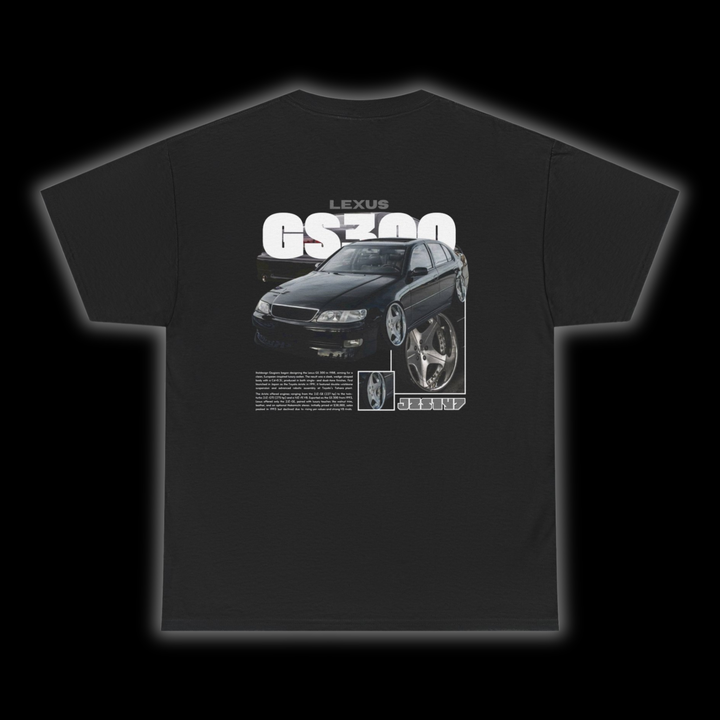 Black T-shirt with Lexus GS300 / Toyota Aristo JZS147 graphic on the back, picture of the rear, black background