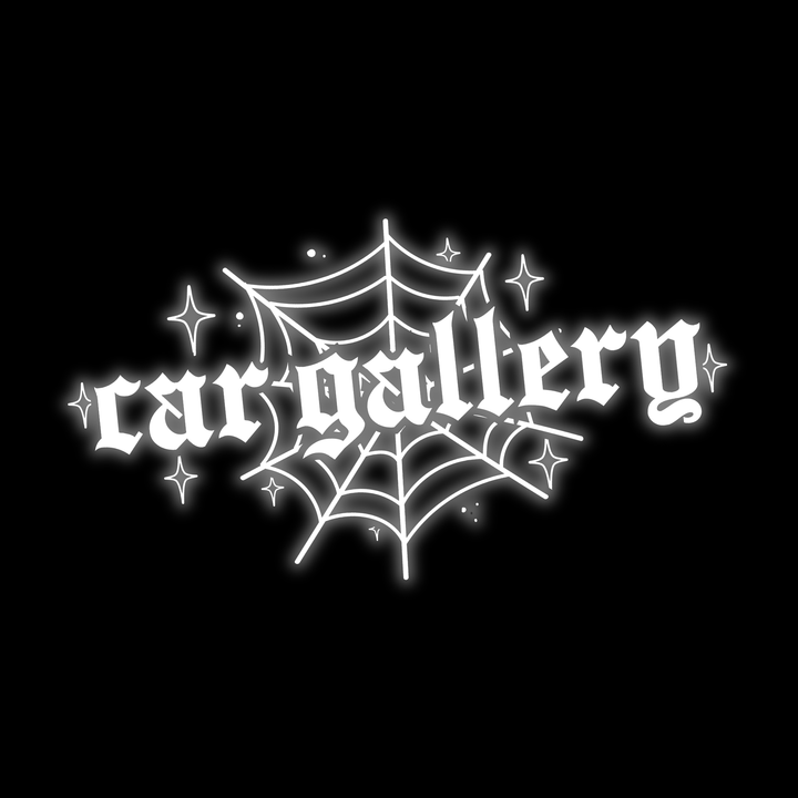 Custom car window decals and vinyl car stickers for vehicles. Spiderweb "Car Gallery" logo, on black background
