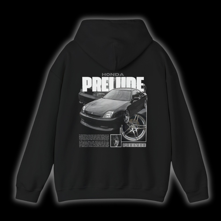 Black hoodie with Honda Prelude BB9 graphic on the back, picture of the rear, black background