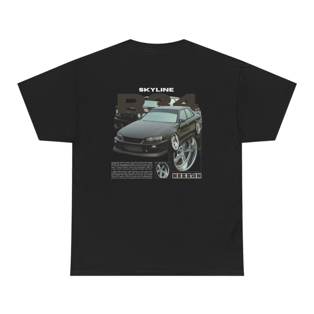 Black T-shirt with Nissan Skyline R34 graphic on the back, picture of the rear, black background