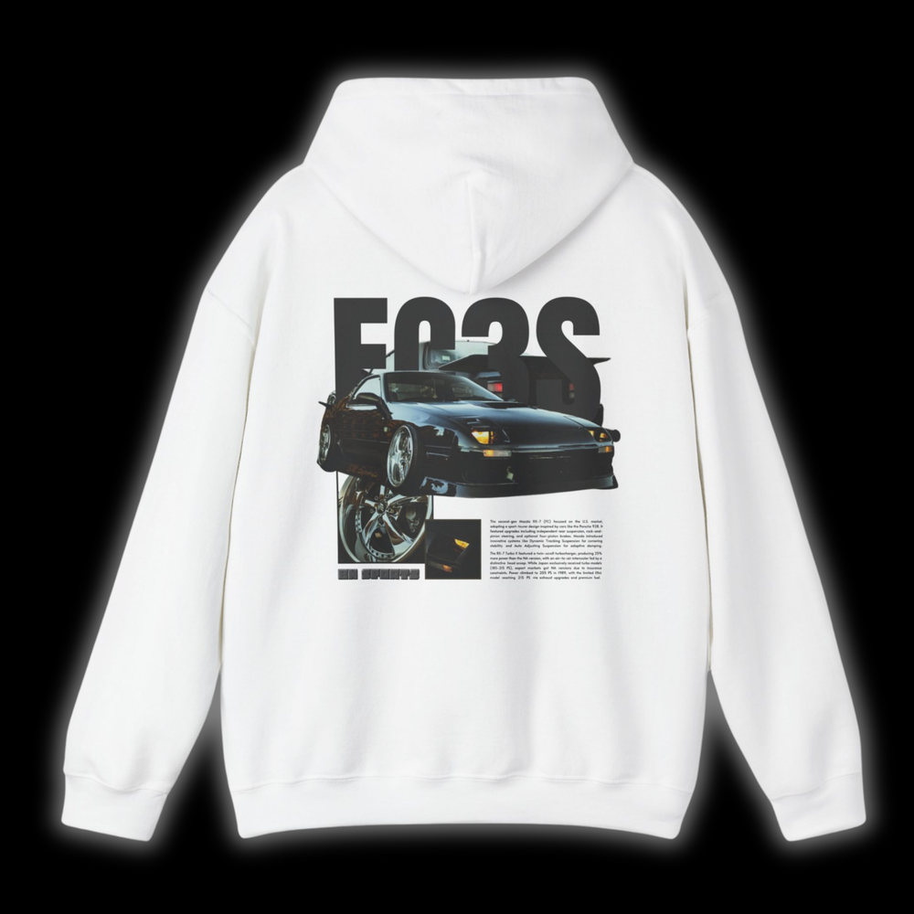 White hoodie with Mazda Rx7 FC graphic on the back, picture of the rear, black background