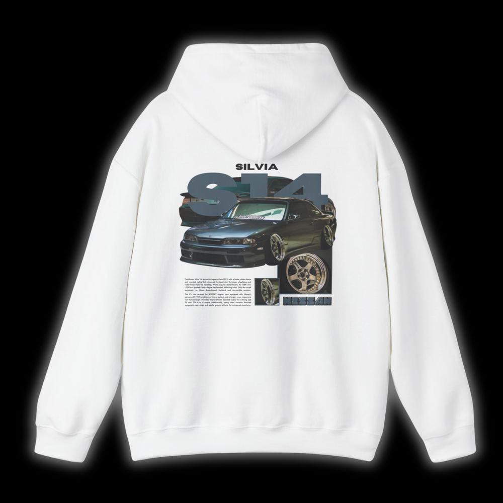 White hoodie with Nissan Silvia S14 Zenki graphic on the back, picture of the rear, black background 
