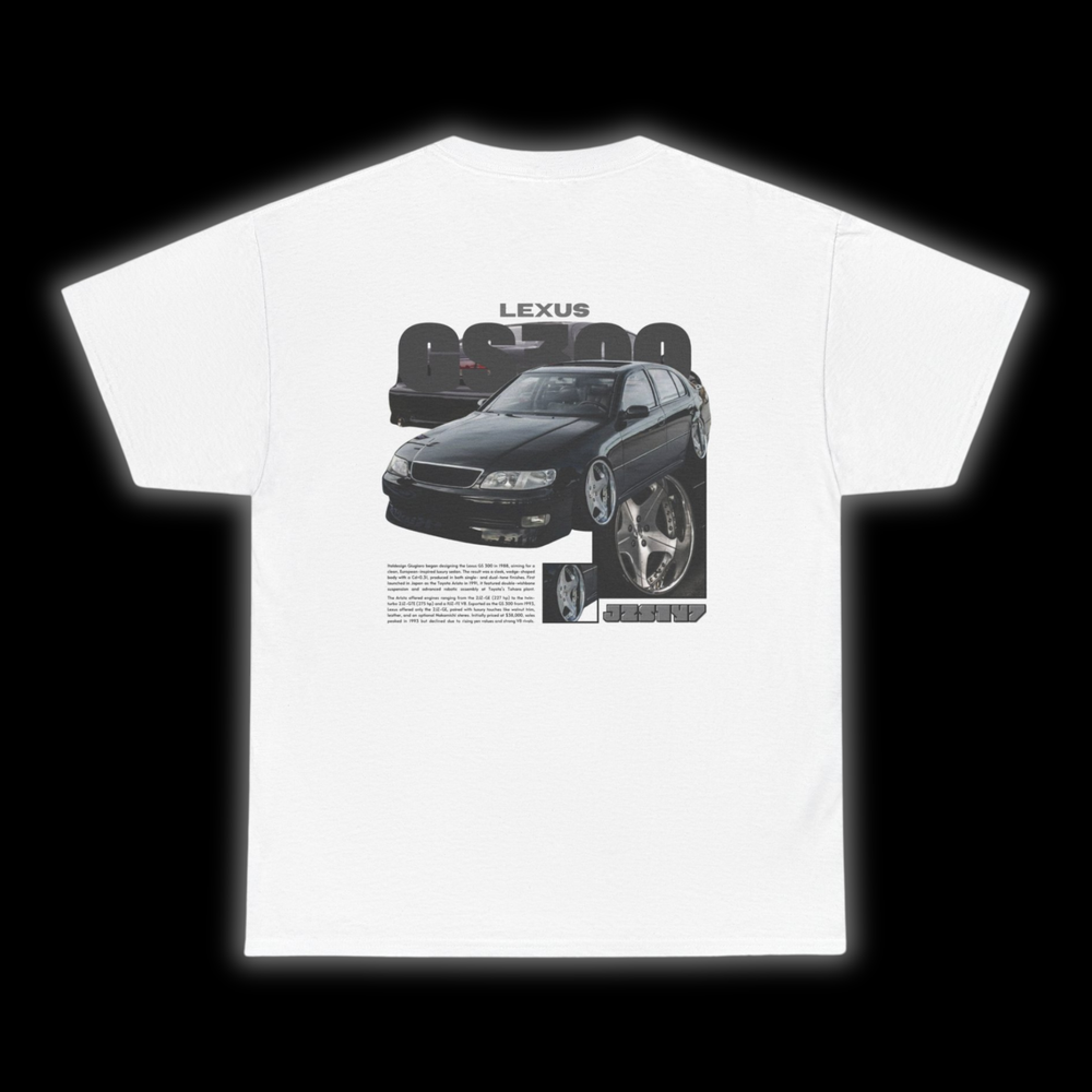 White T-shirt with Lexus GS300 / Toyota Aristo JZS147 graphic on the back, picture of the rear, black background