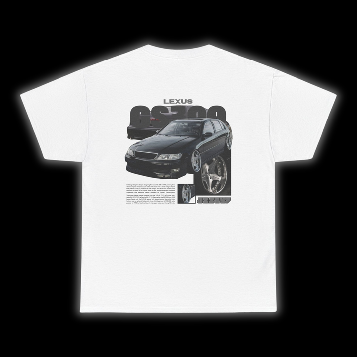 White T-shirt with Lexus GS300 / Toyota Aristo JZS147 graphic on the back, picture of the rear, black background