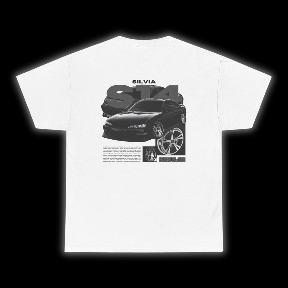 White T-shirt with Nissan Silvia S14 Kouki graphic on the back, picture of the rear, black background