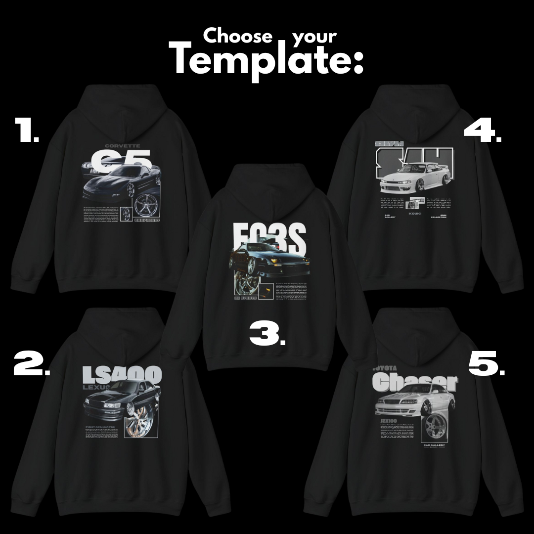 Choose your template for a custom car Hoodie, showing five different graphic shirt design options.