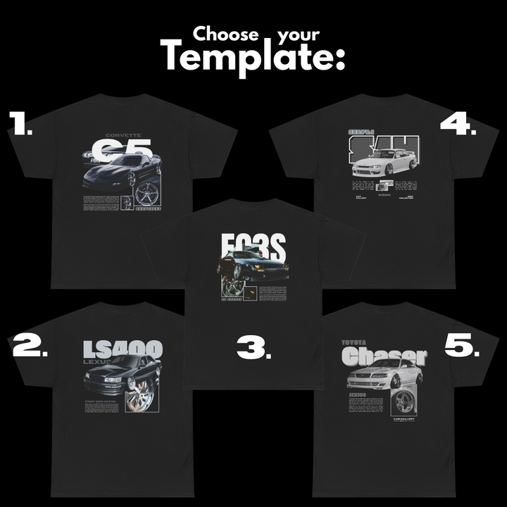 Choose your template for a custom car T-shirt, showing five different graphic shirt design options.