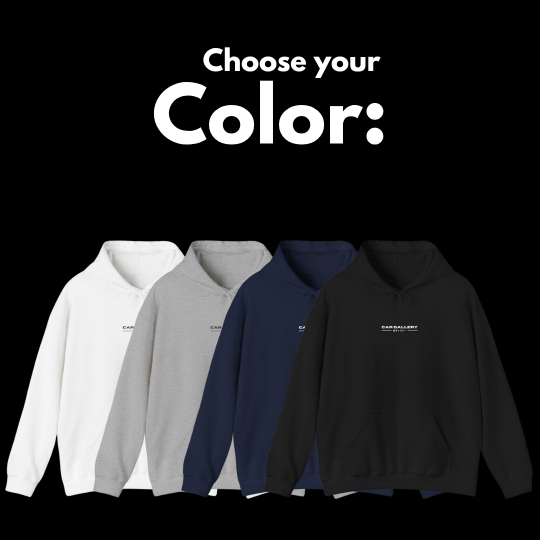 Color options for custom car hoodie showing white, grey, navy, and black hoodies.