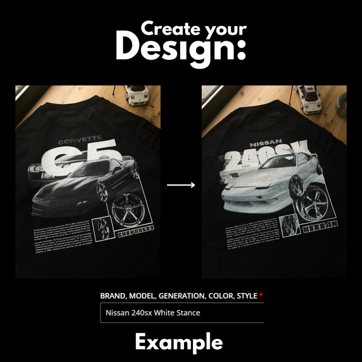 Example showing how a custom car T-shirt design changes from template to custom shirt by entering different car details