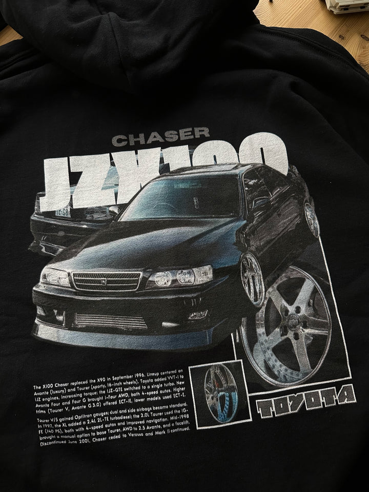 Black hoodie with Toyota Chaser Jzx100 graphic on the back, picture of the rear, closeup of the graphic