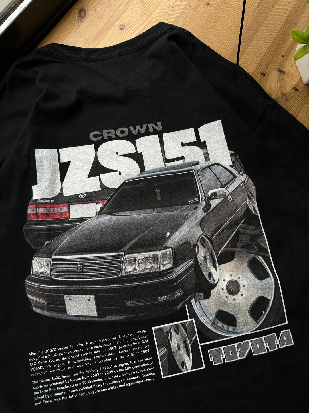 Black T-shirt with Toyota Crown JZS151 graphic on the back, picture of the rear, closeup of graphic