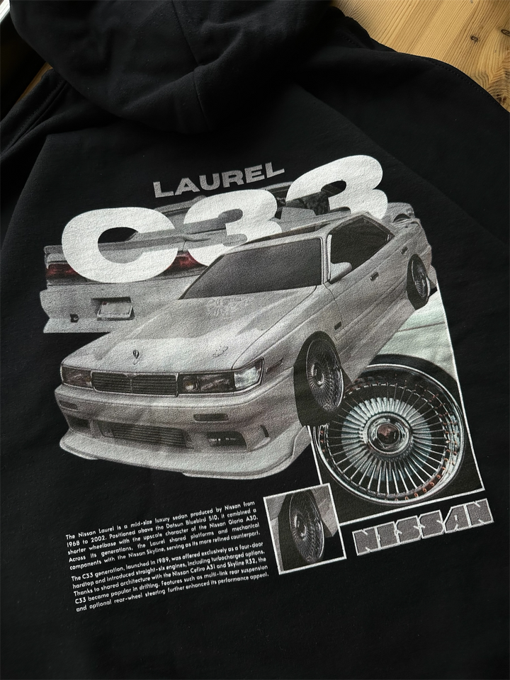 Black hoodie with Nissan Laurel C33 graphic on the back, picture of the rear, closeup of the graphic