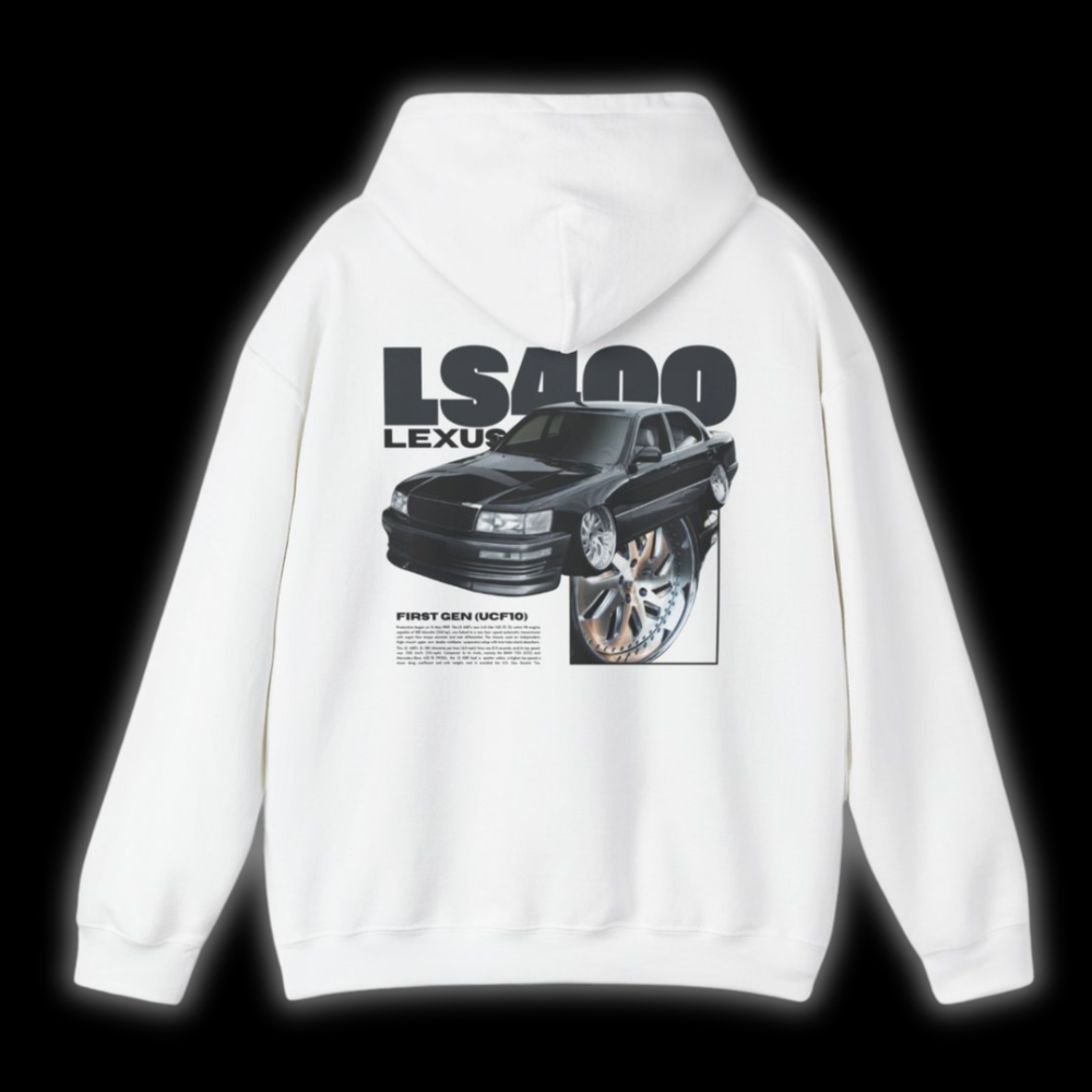 White hoodie with Lexus Ls400 / Toyota Celsior UCF10 graphic on the back, picture of the rear, black background 