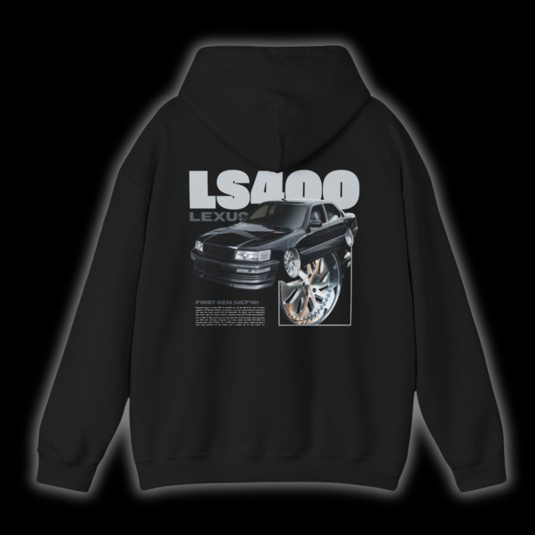 Black hoodie with Lexus Ls400 / Toyota Celsior UCF10 graphic on the back, picture of the rear, black background
