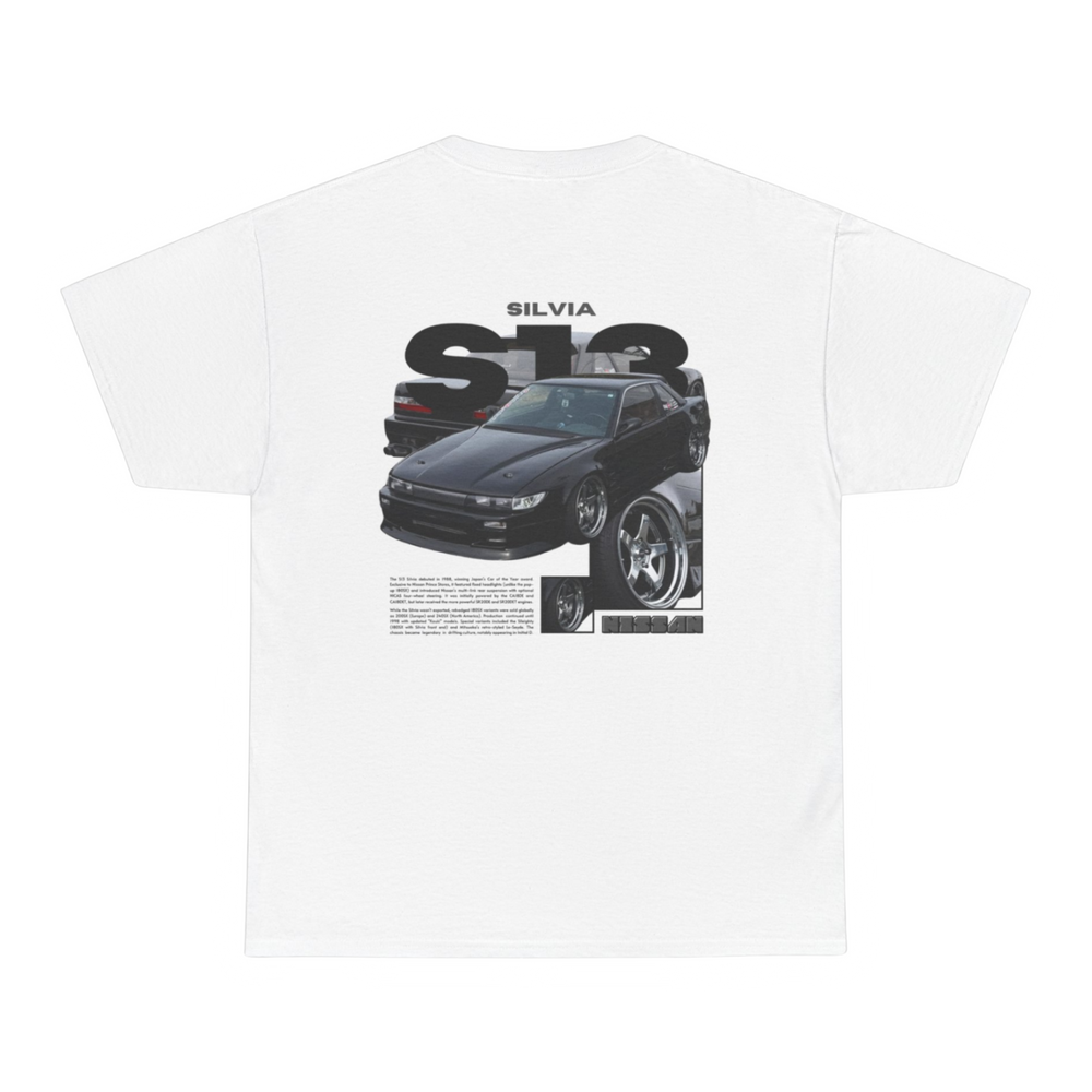 White T-shirt with Nissan Silvia S13 / PS13 coupe graphic on the back, picture of the rear, black background